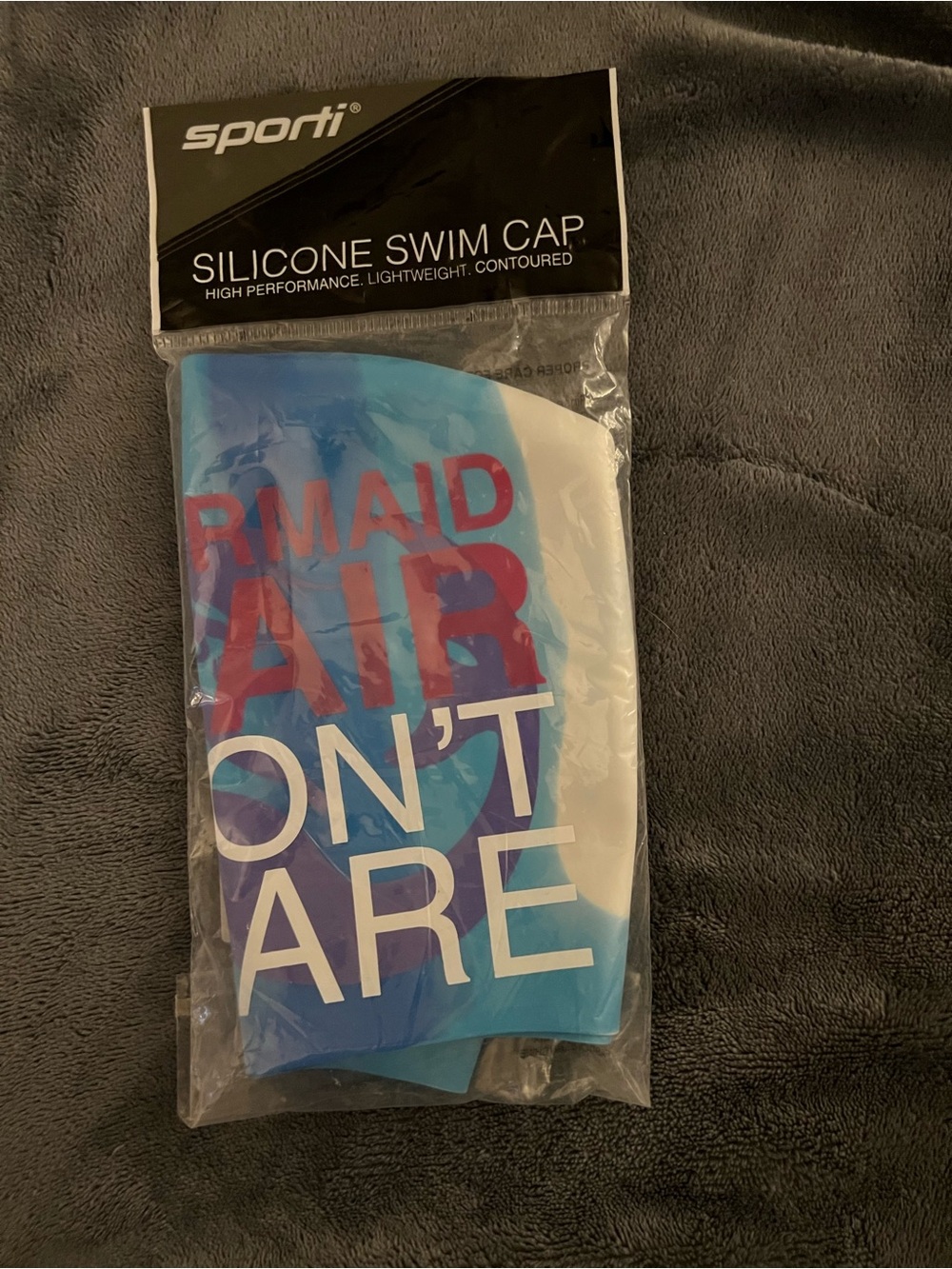 Ladies/Kids Blue & White Silicone Swim Cap with Mermaid Graphic Mermaid Hair…